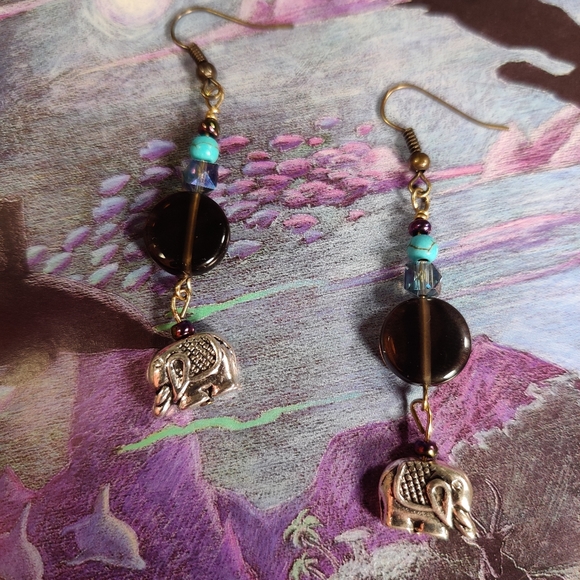 Smokey Quartz, Elephant Charm, Dyed Howlite Earrings - Picture 14 of 16